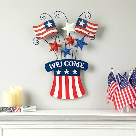 Glitzhome® 30.25" Wood & Metal Patriotic Flags Yard Stake